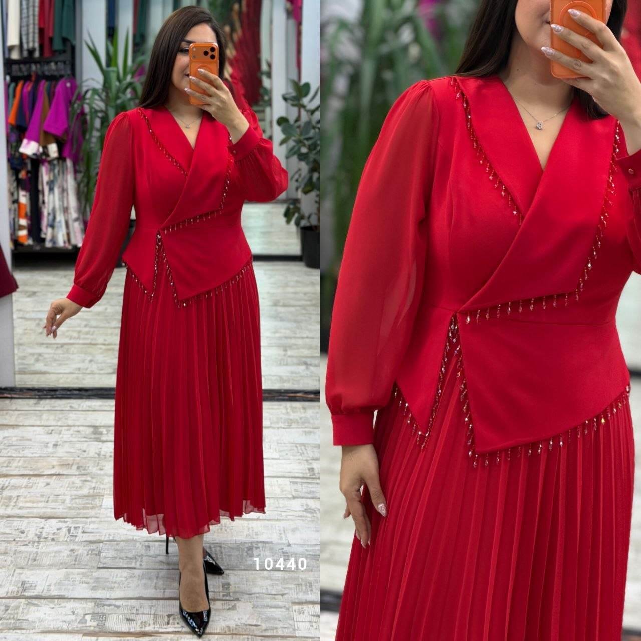 Women's Wrap Neck Embellished Asymmetrical Long Sleeve Pleated Midi Dress