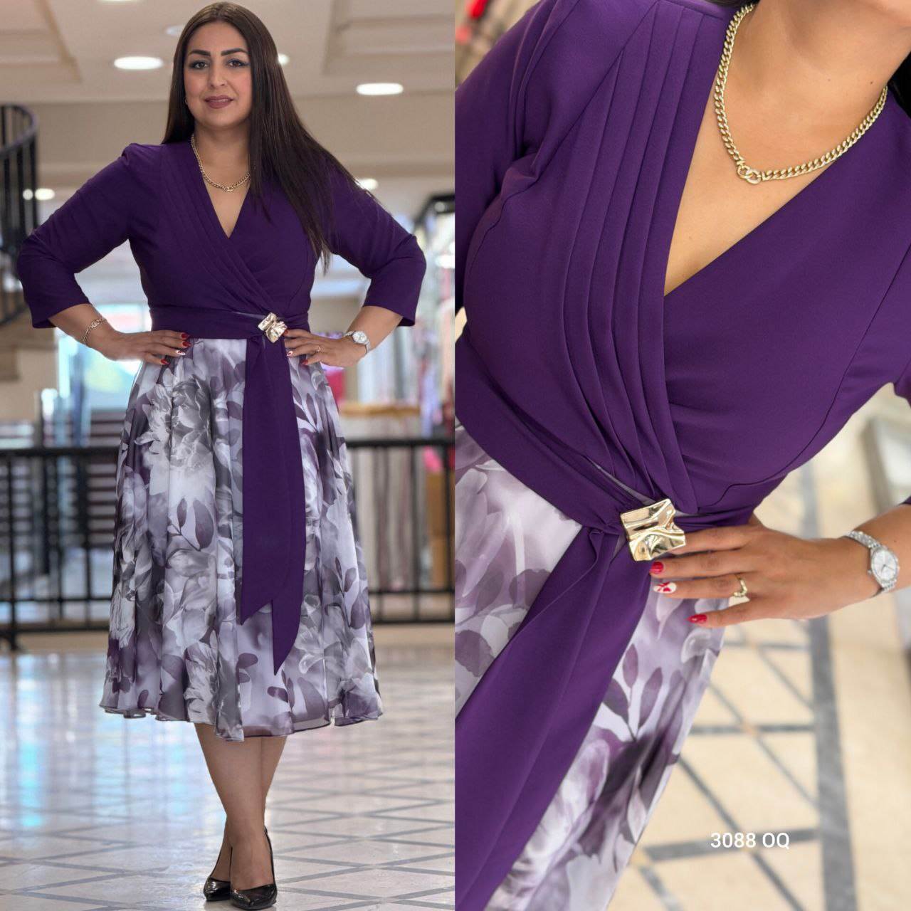 Women’s Elegant Wrap Midi Dress with Floral Skirt and Belt