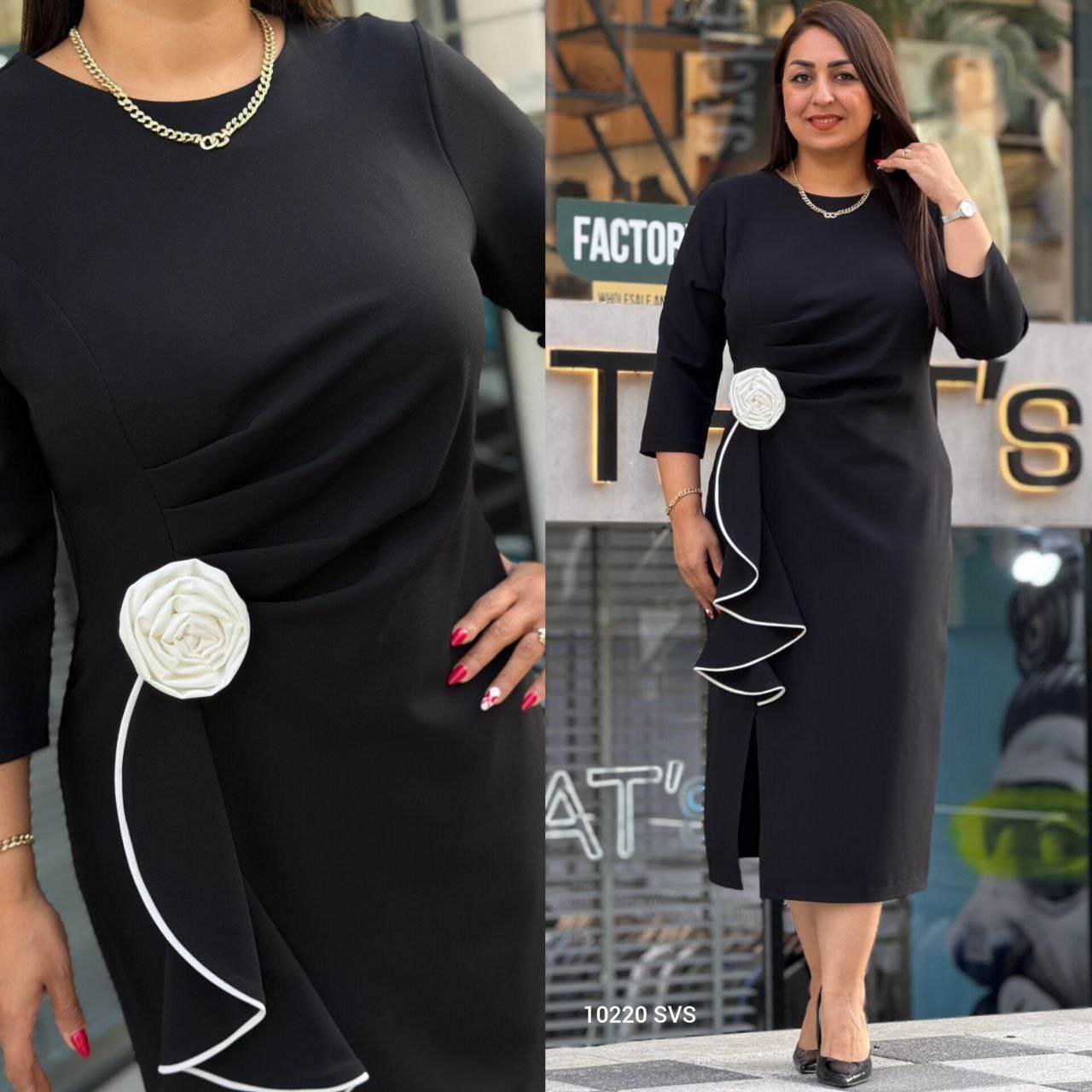 Women’s Elegant Black Midi Dress with 3D Rose Detail and Side Ruffle