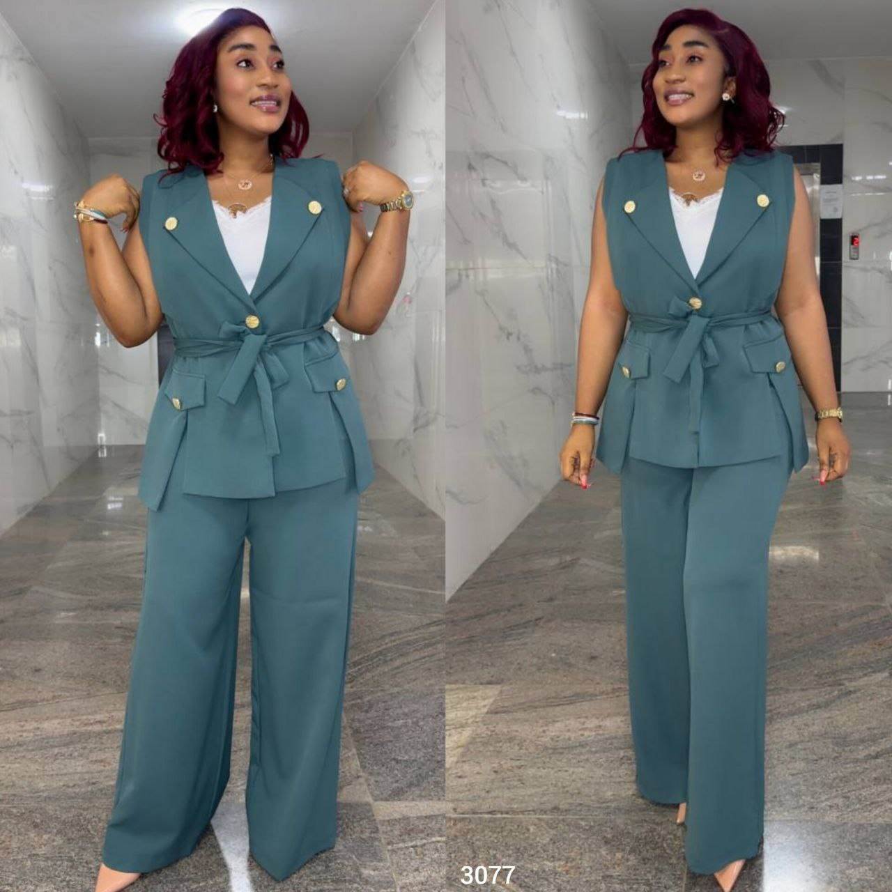 Women’s Elegant Vest and Trousers Suit Set with Gold Buttons