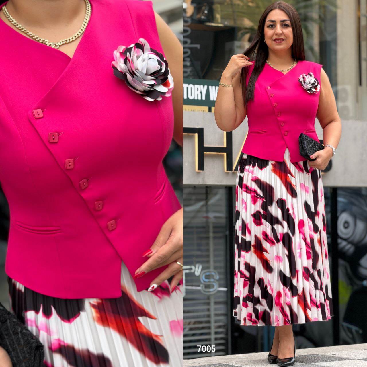 Women’s Elegant Vest & Pleated Floral Skirt Set with 3D Flower Detail