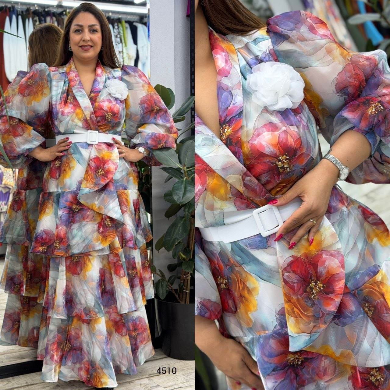 Wrap V-neck floral print dress with a white belt and flor