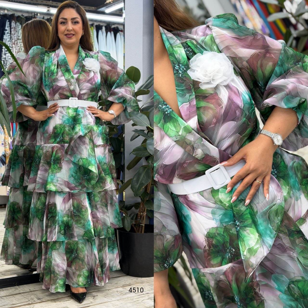 Wrap V-neck floral print dress with a white belt and flor