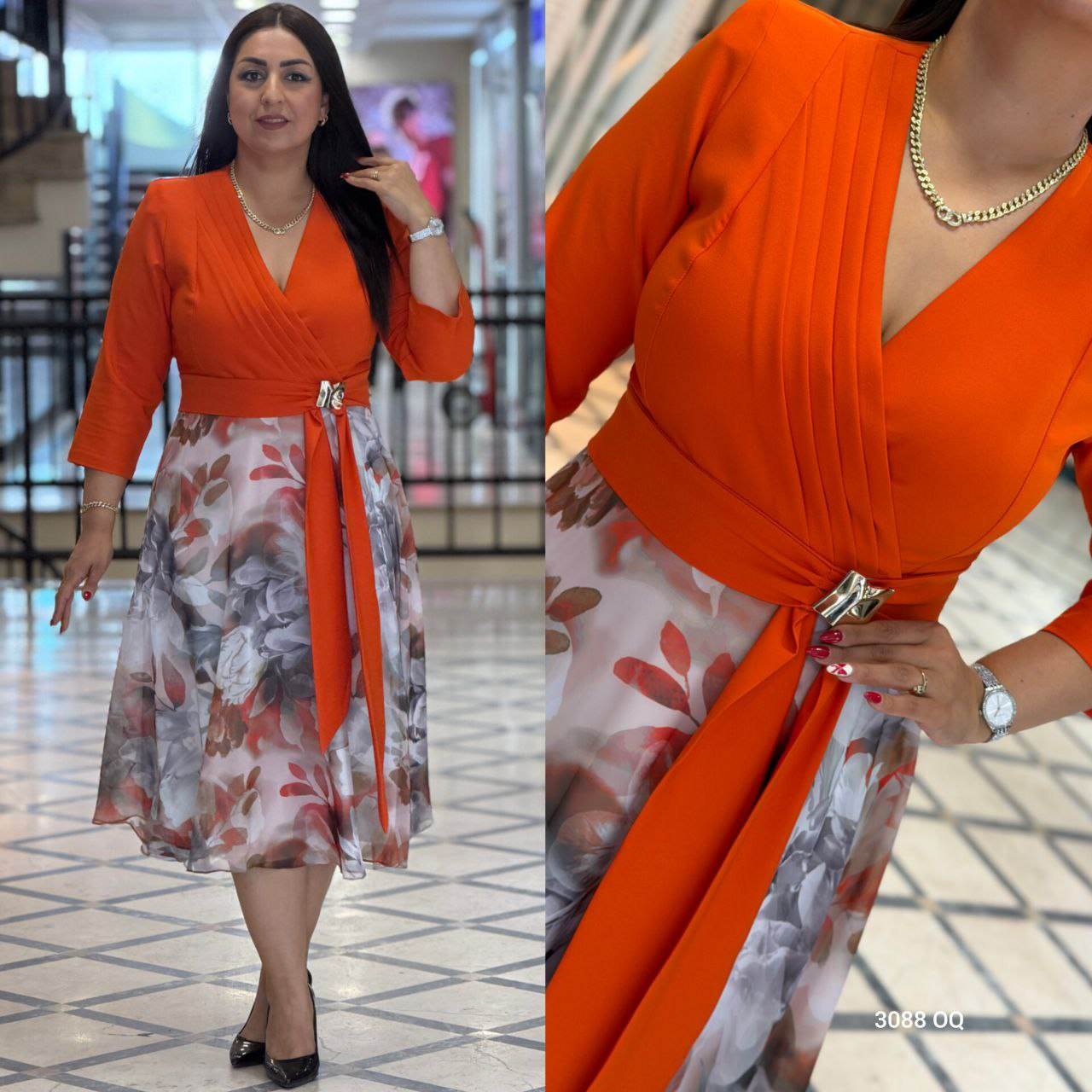 Women’s Elegant Wrap Midi Dress with Floral Skirt and Belt